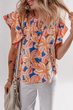 Flower Print Notched Neck Ruffle Sleeve Blouse