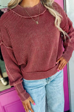 Drop Shoulder High Neck Ribbed Sweater