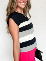 Stripe Mixed Print Crew Neck Cap Sleeve T Shirt