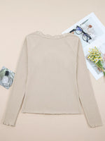Lace Neckline Button Decor Lettuce Edge Long Sleeve Ribbed Top