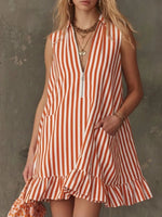 Striped Zipper Neck Ruffle Hem Dress