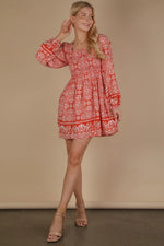 VERY J Printed Smocked Chest Boho Mini Dress