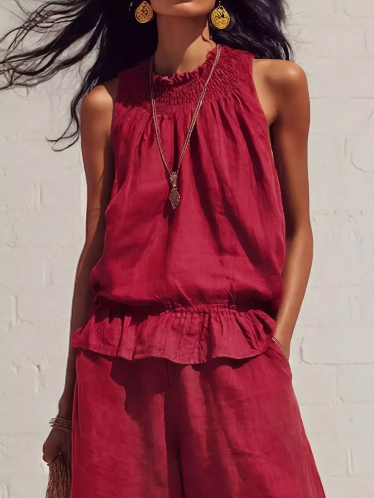 Smocked Ruffled Hem Top and Wide-Leg Pants Set