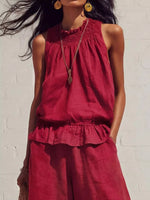 Smocked Ruffled Hem Top and Wide-Leg Pants Set