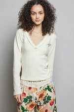 POL V-Neck Long Sleeve Ribbed Top with Lace-Accent Neckband