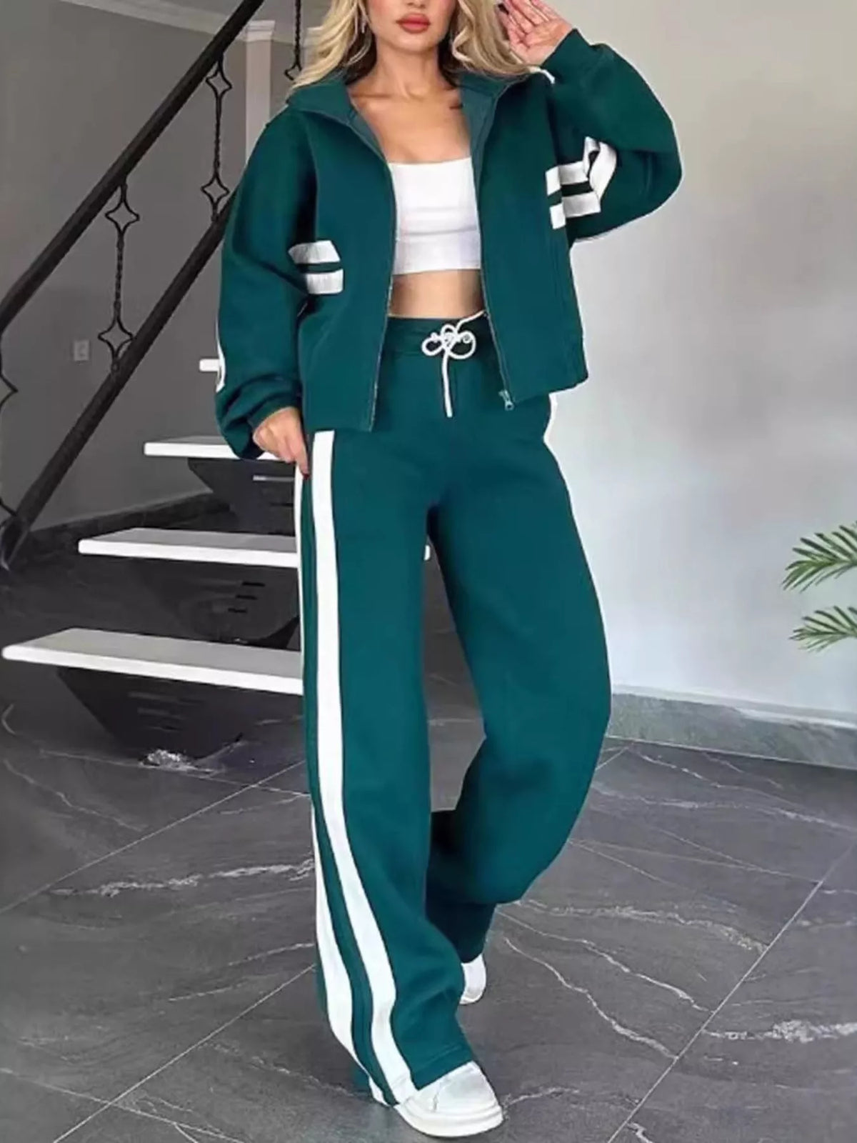 Full Size Striped Zip Up Outerwear and Pants Set Plus Size