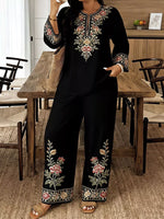 Full Size Embroidered Long Sleeve Top and Pants Set Plus Size