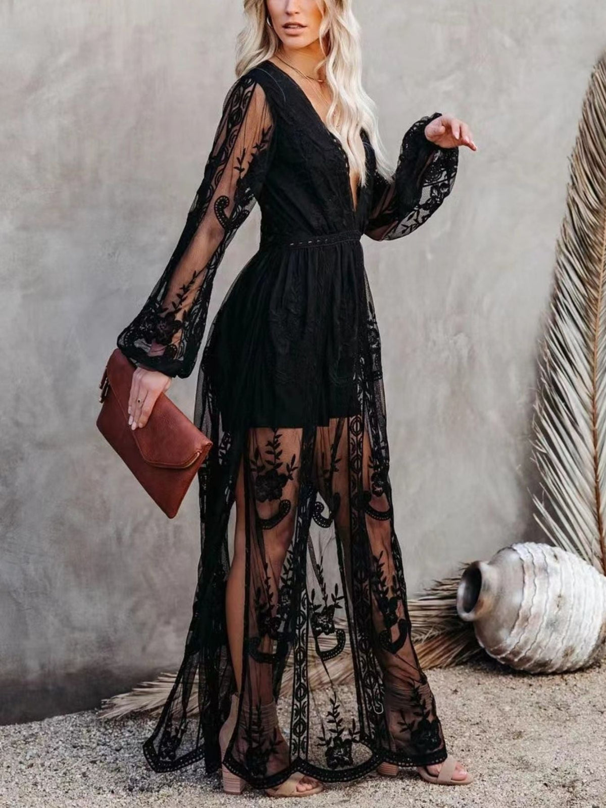 Floral Lace Slit Maxi Dress