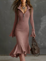 Ribbed Knit Zip Front Flare Hem Midi Dress