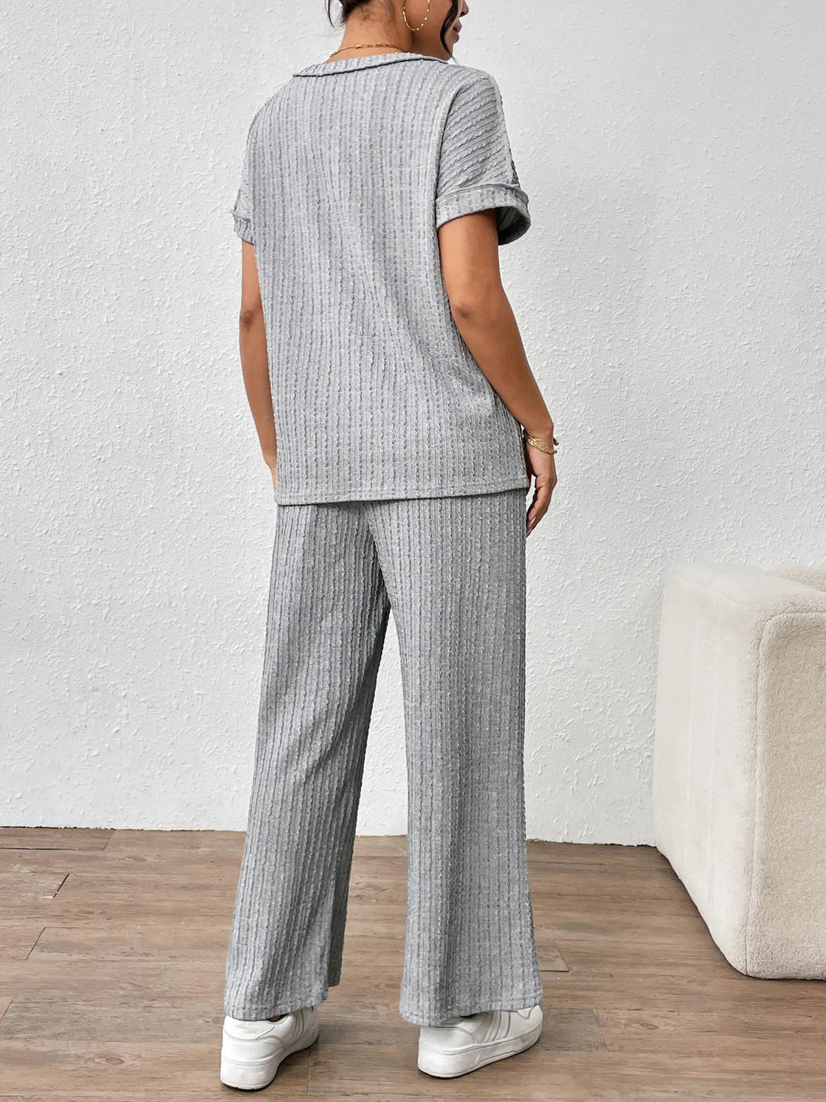 Round Neck Short Sleeve Top and Pants Set