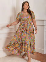 Plus Size Printed V-Neck Short Sleeve Maxi Dress