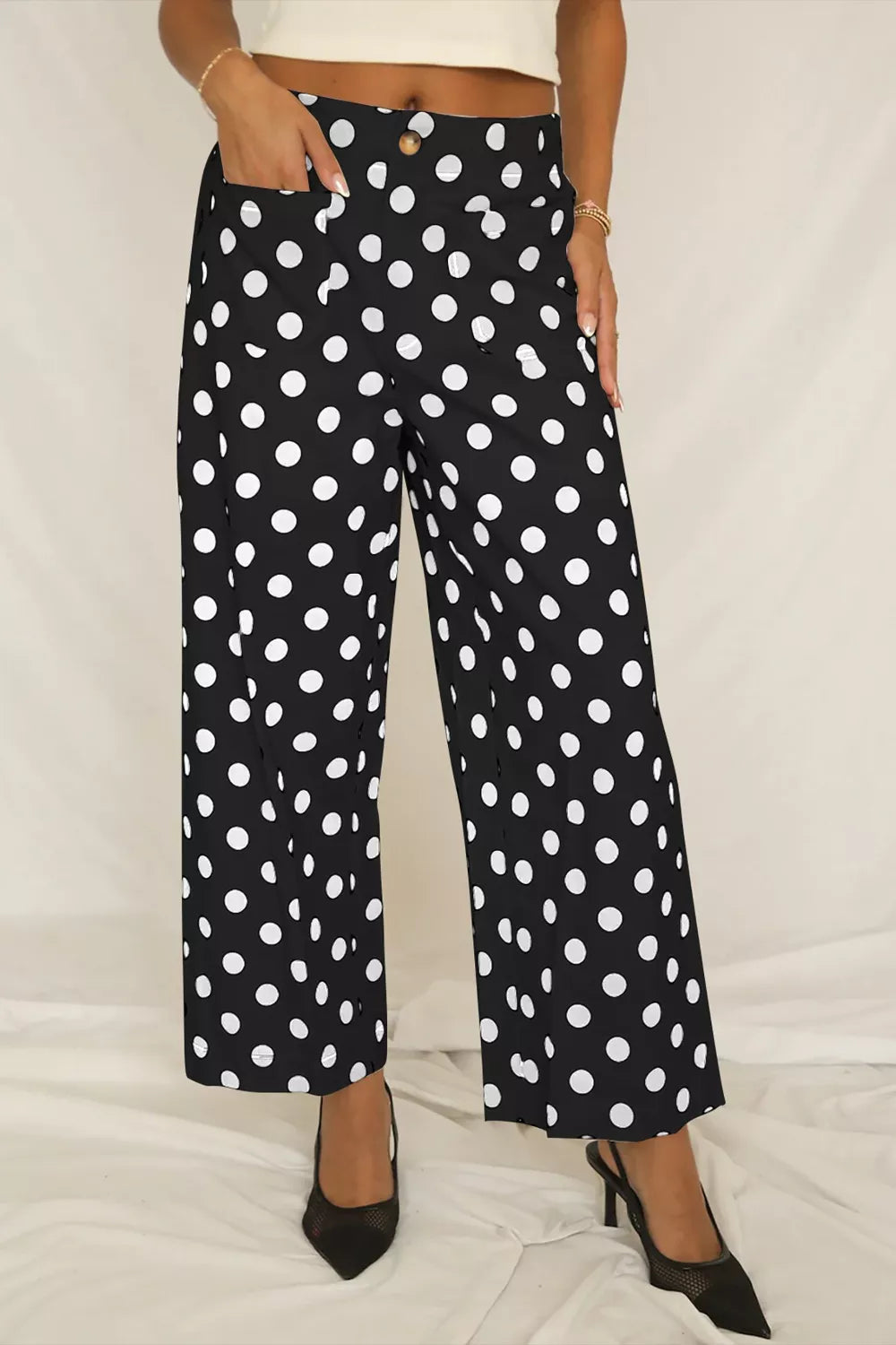 Polka Dot Print Patched Pocket Mid-rise Straight Leg Pants