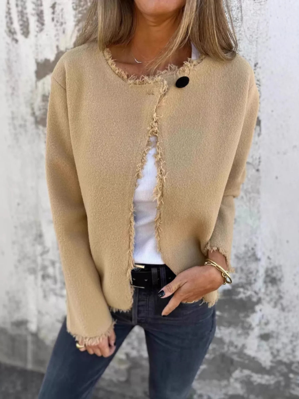 Full Size One Button Frayed Edge Cardigan Plus Size