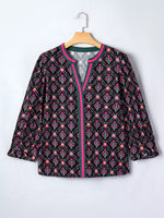Contrast V Neckline Bracelet Sleeve Vintage Floral Blouse