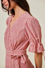 SO ME Stripe Textured Short Sleeves Lined Wrap Midi Dres
