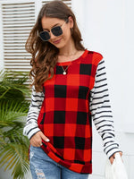 Plaid Striped Round Neck Long Sleeve T-Shirt