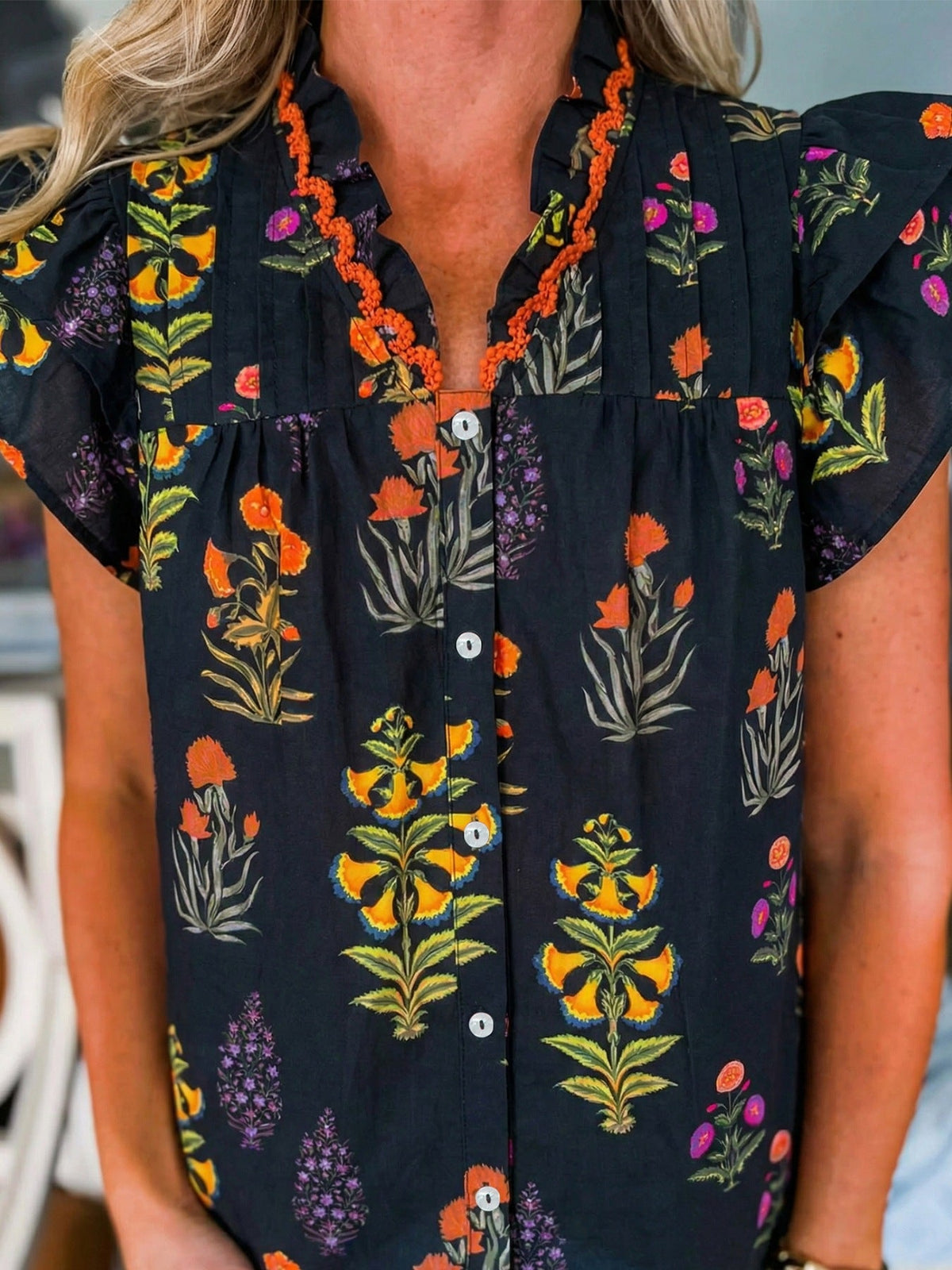 Floral Print Lace Trim Frilled V Neck Short Sleeve Shirt