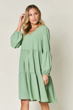 Double Take Full Size V-Neck Balloon Sleeve Tiered Dress with Pockets