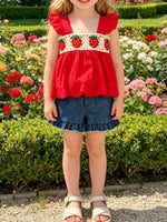 Children's Strawberry Crochet Trimmed Top and Denim Shorts Set