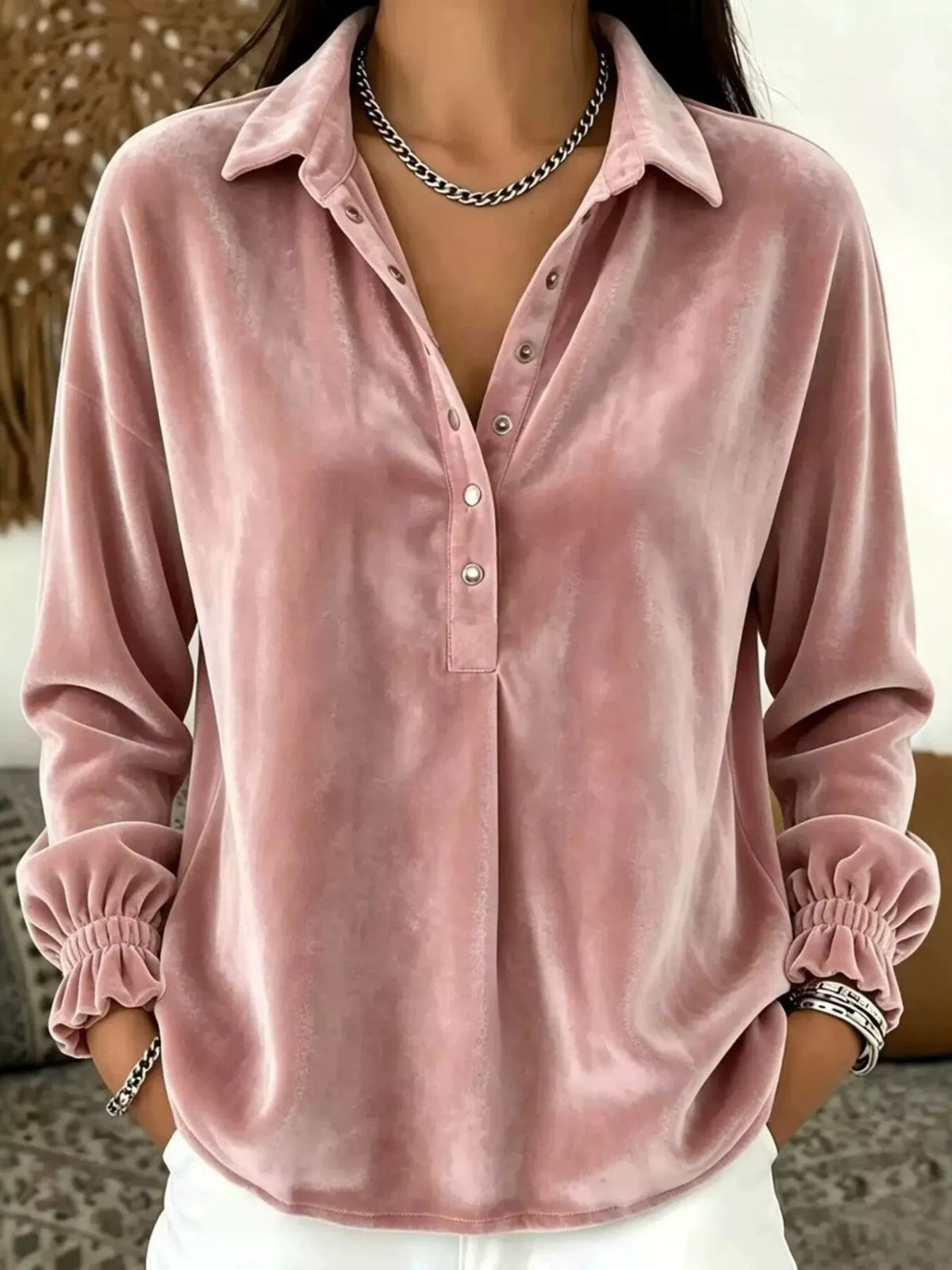 Velvet Snap Down Long Sleeve Blouse