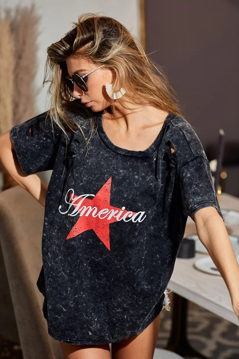 BiBi Laser Cut Mineral Washed Jersey Top withAmerica