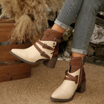 Point Toe Buckle Strap Ankle Boots with Block Heels