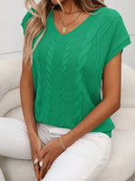Cable-Knit V-Neck Short Sleeve Knit Top