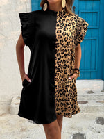 Leopard Color Block Ruffle Sleeve Dress