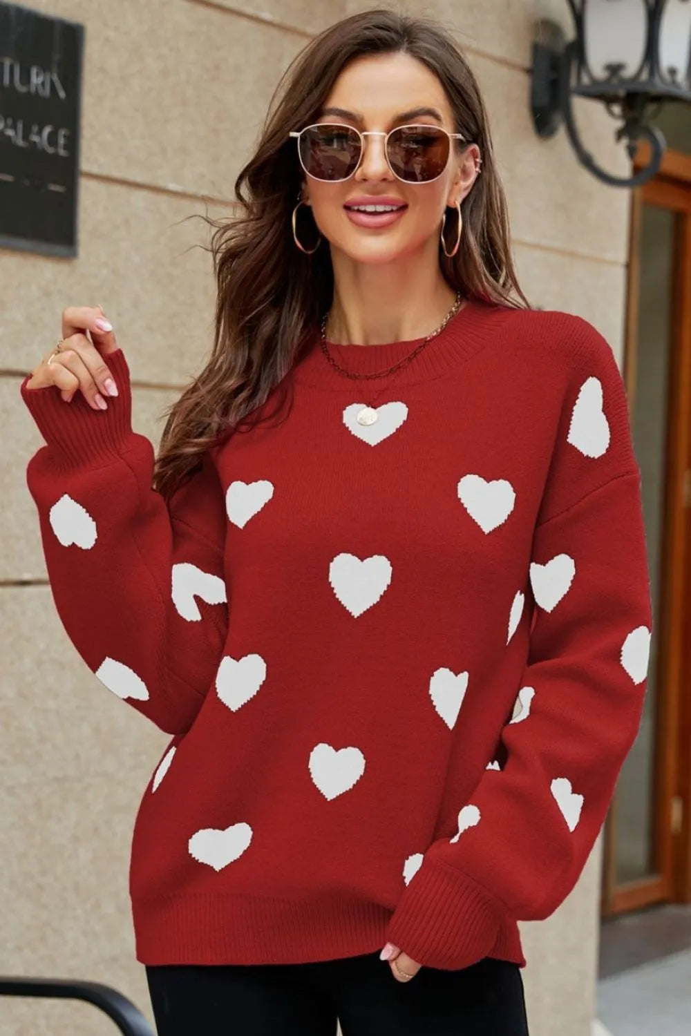 Heart Pattern Lantern Sleeve Round Neck Tunic Sweater