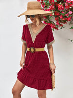 V-Neck Swiss Dot Ruffle Hem Mini Dress