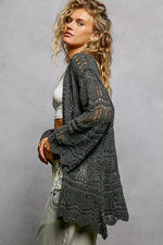 POL Openwork Lightweight Open Front Cardigan with Scalloped Edge