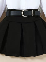Children's Long Sleeve Shirt & Pleated Skirt Set with Belt