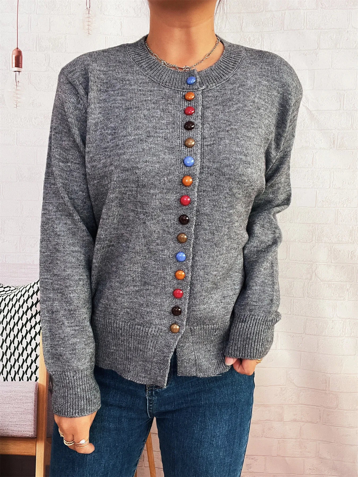Button-Front Cardigan with Colorful Detail Buttons
