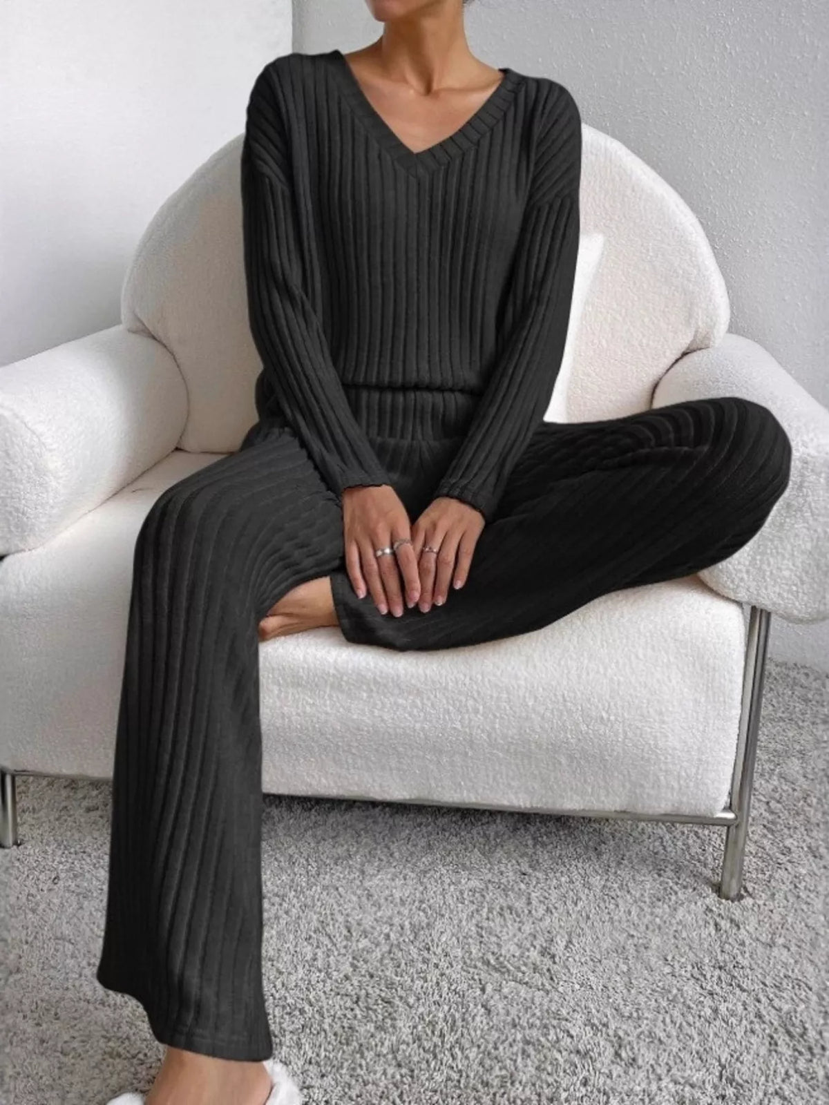 Ribbed Knit V-Neck Top and Pants Set