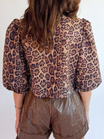 Leopard Bow Tie Puff Sleeve Blouse
