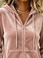 Full Size Velvet Zip-Up Outerwear with Drawstring Plus Size