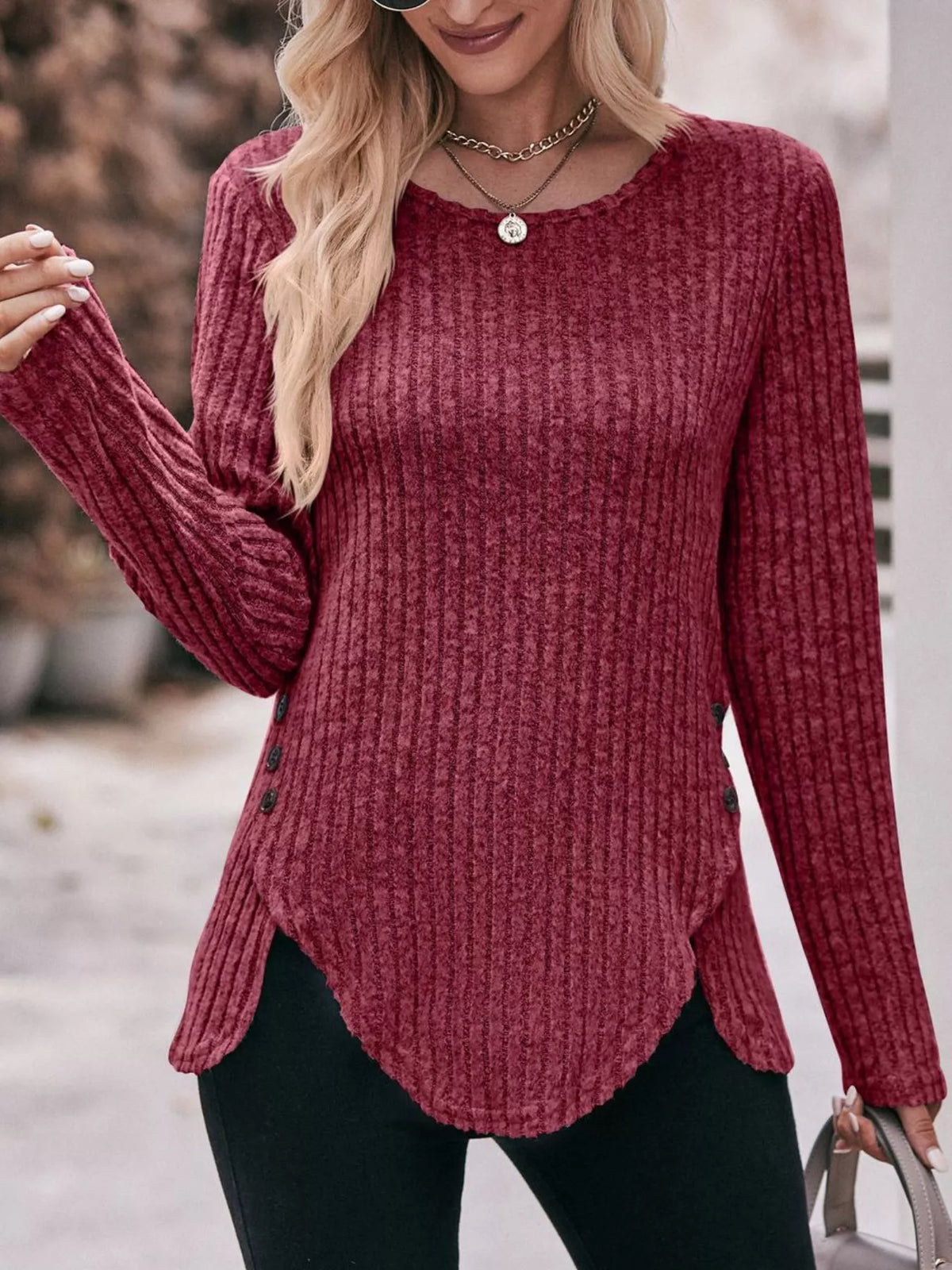 Ribbed Knit Long Sleeve T-Shirt