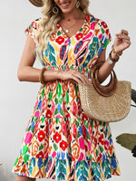 Abstract Print V Neck Dolman Sleeve Ruffle Tiered Mini Dress