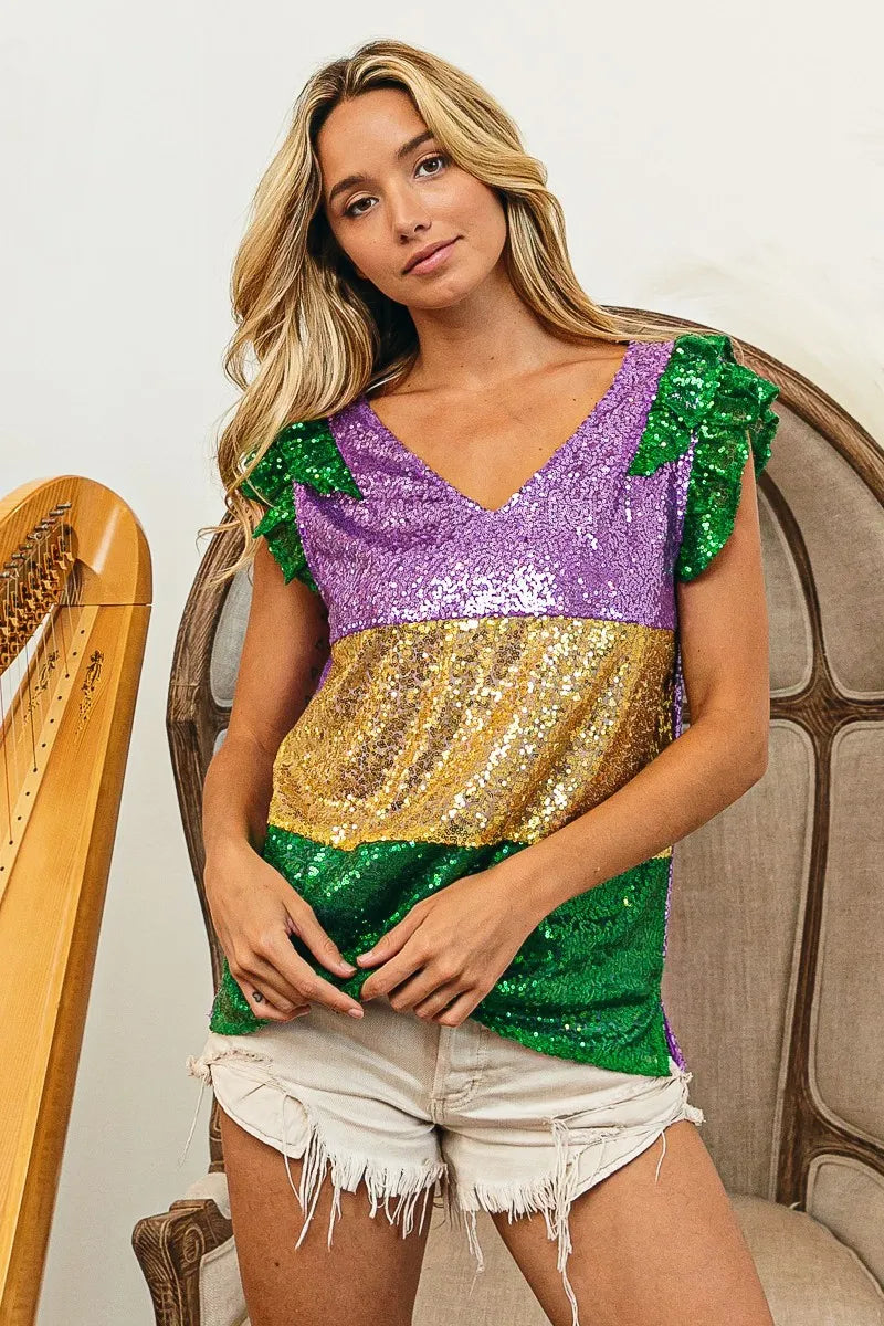 BiBi Mardi Gras Sequin Color Block RuffledTop