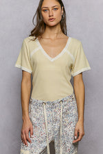 POL Lace Detail V-Neck Short Sleeve Textured T-Shirt