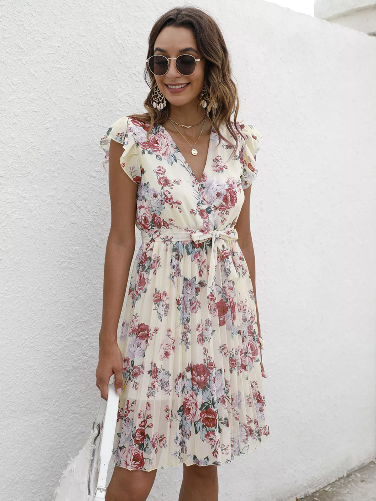 Pleated Floral Print Ruffle Sleeve Dress