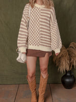 Stripe Checkerboard Drop Shoulder Balloon Sleeve Sweater