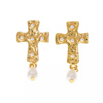 18K Gold-Plated Synthetic Pearl Cross Drop Earrings