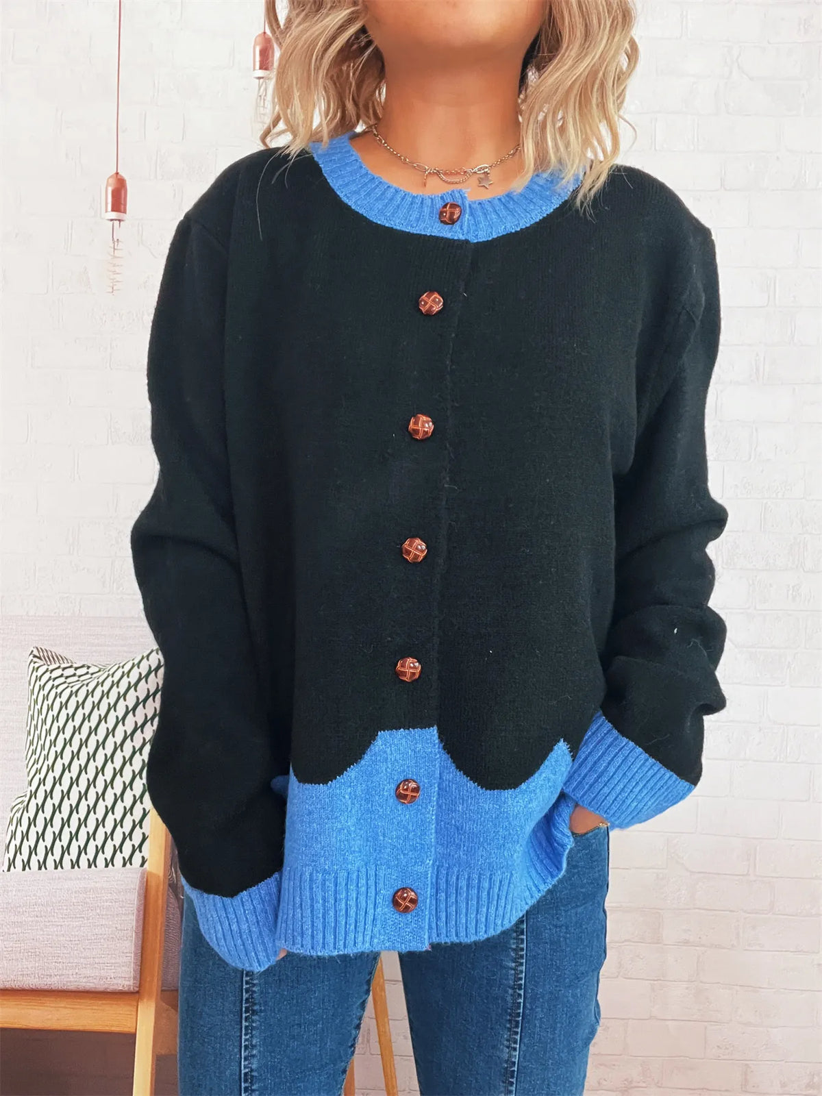 Button-Front Contrast Trim Cardigan