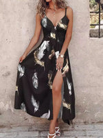 Feather Print Spaghetti Strap Split Dress