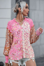 Floral Printed Puff Sleeve V-Neck Shirt
