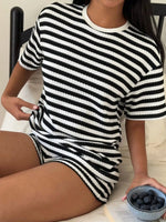 Striped Round Neck Top and Shorts Set
