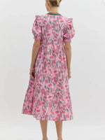 Floral Puff Sleeve Midi Dress with Contrast Trim