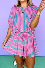 Stripe Dolman Short Sleeve Blouse Drawstring Elastic Waist Loose Short Set
