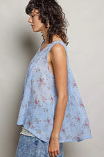 POL Round Neck Sleeveless Floral Pleated Cotton Top